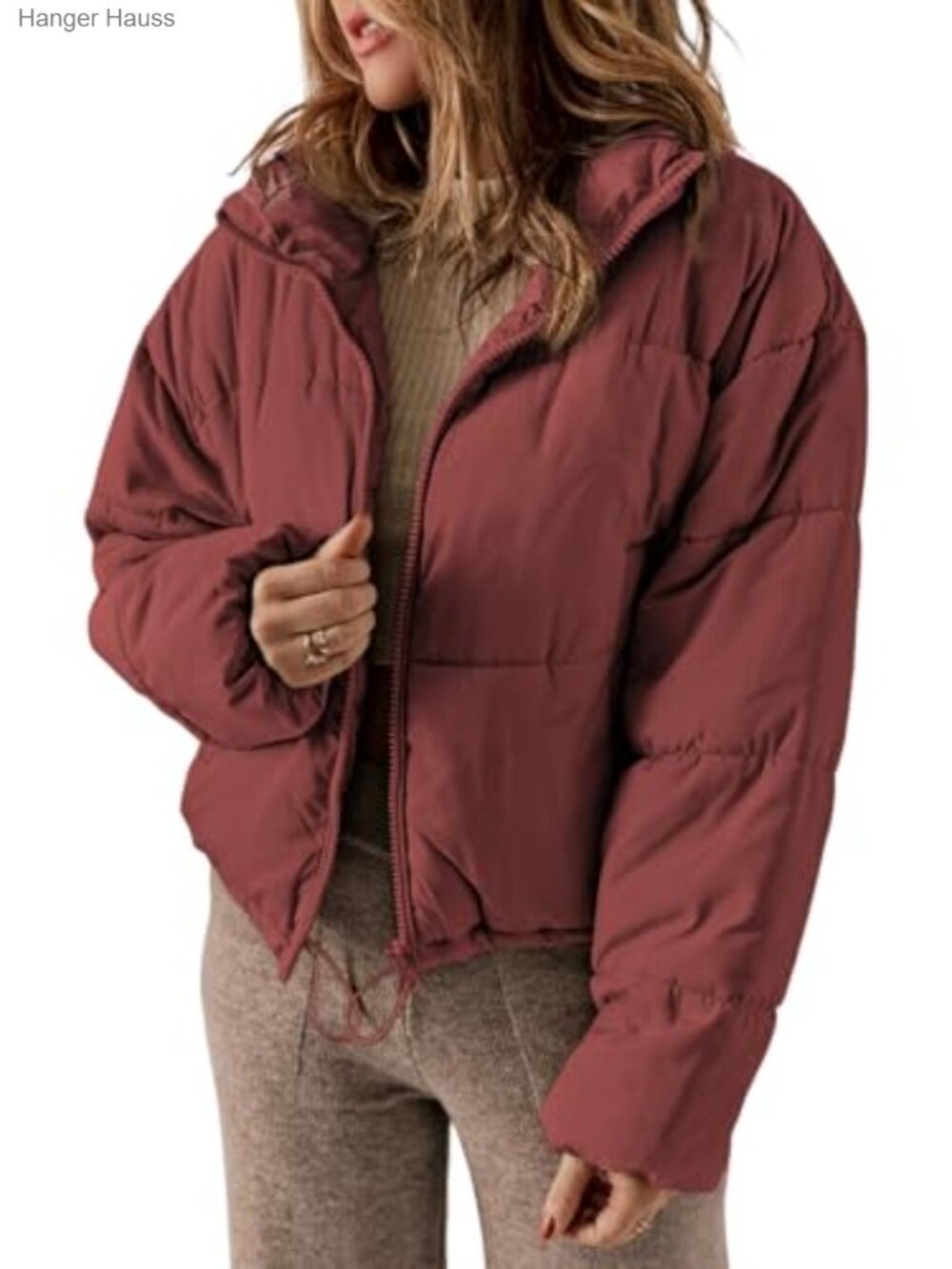 Women's Quilted Puffer Jacket with Stand Collar, Zip Front, Lightweight